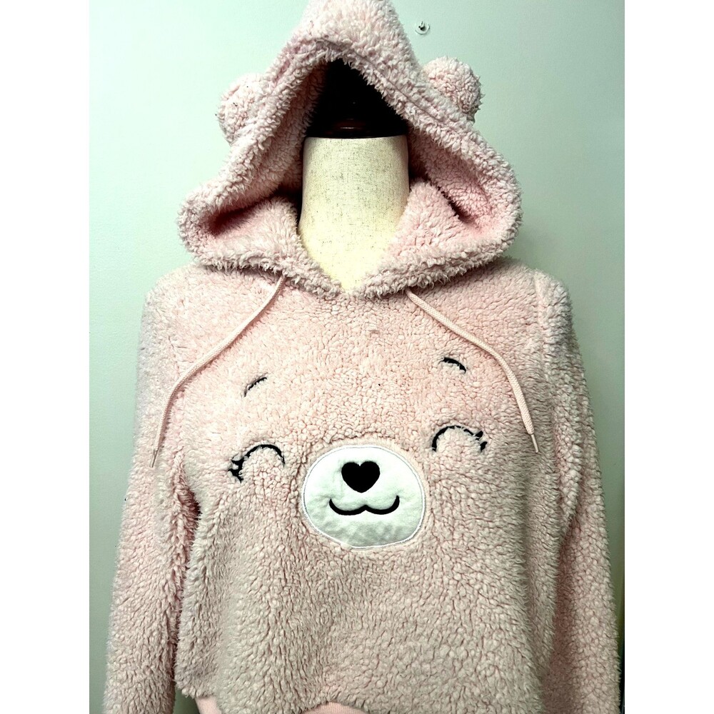 Care Bears Women's M Pink Sherpa Cropped Hoodie Sweatshirt Teddy Fleece Heart - Picture 4 of 8